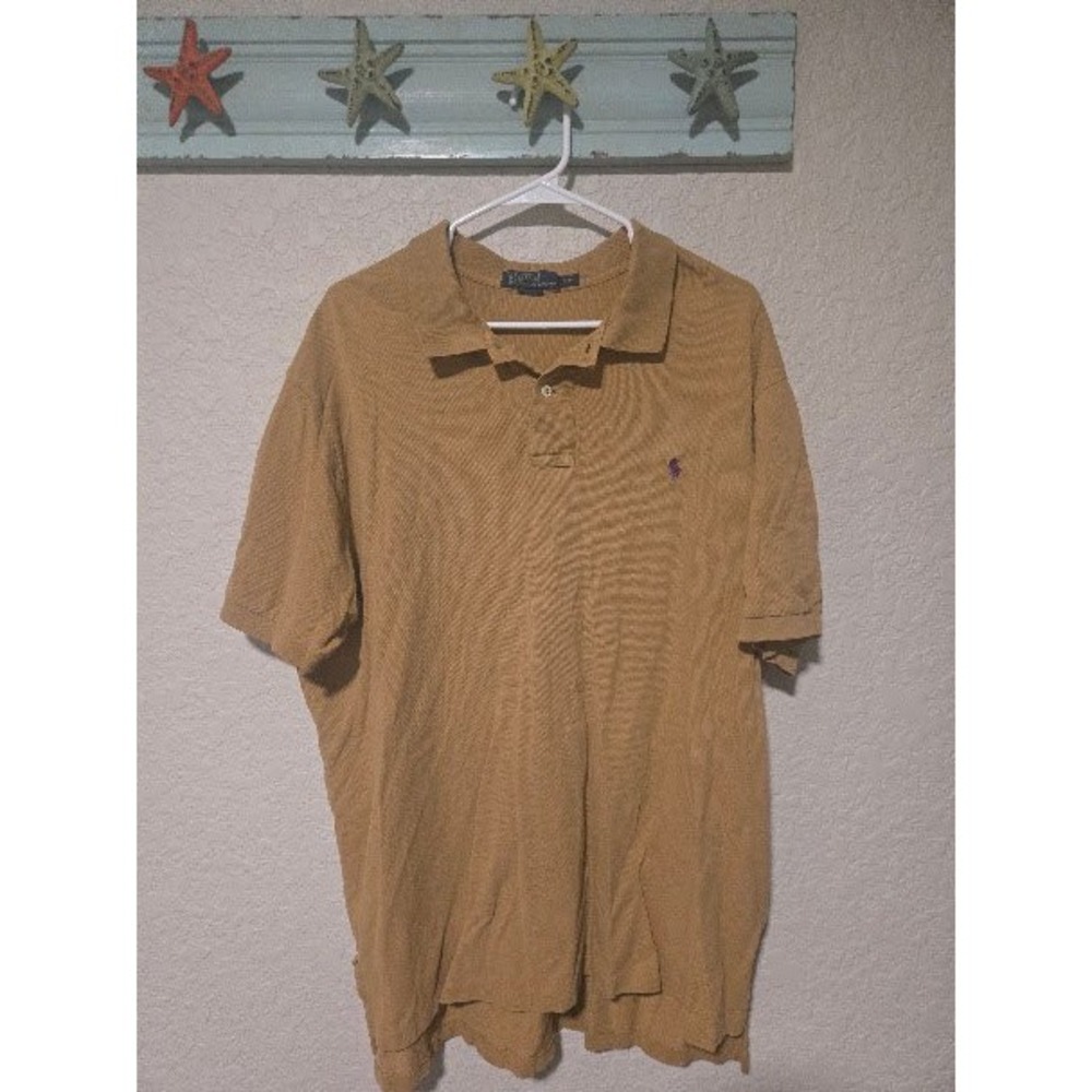 Polo Ralph Lauren Mens XXL Mustard Tan Short Sleeve Pique Polo Purple Pony Logo